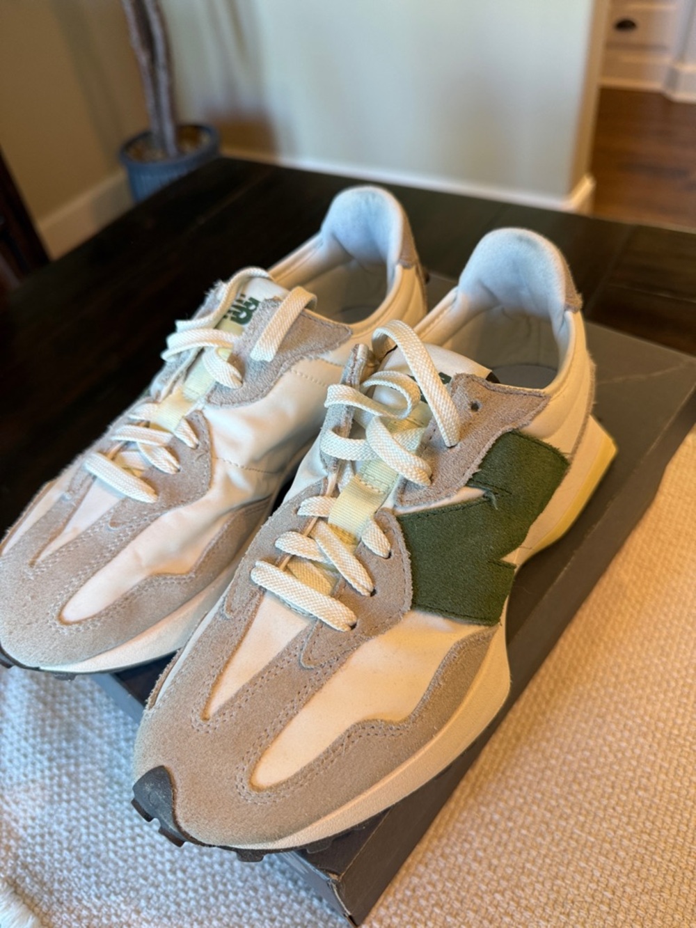 New Balance Beige and Green Retro Runner Sneakers